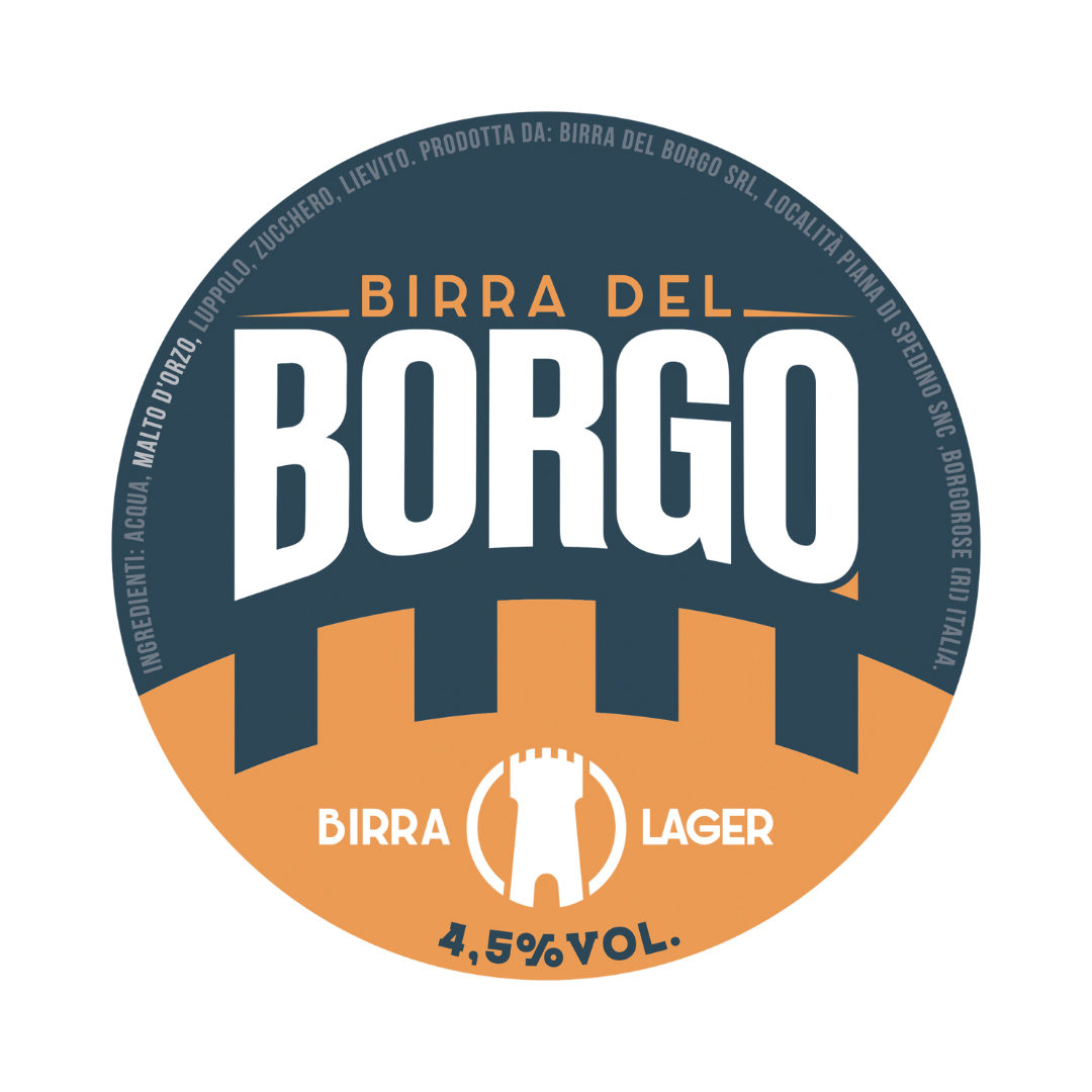 Logo della Birra del Borgo Lager con grafica circolare, contenente il nome “Birra del Borgo”, la scritta “Birra Lager”, il simbolo della torre e l’indicazione del volume alcolico 4,5%.